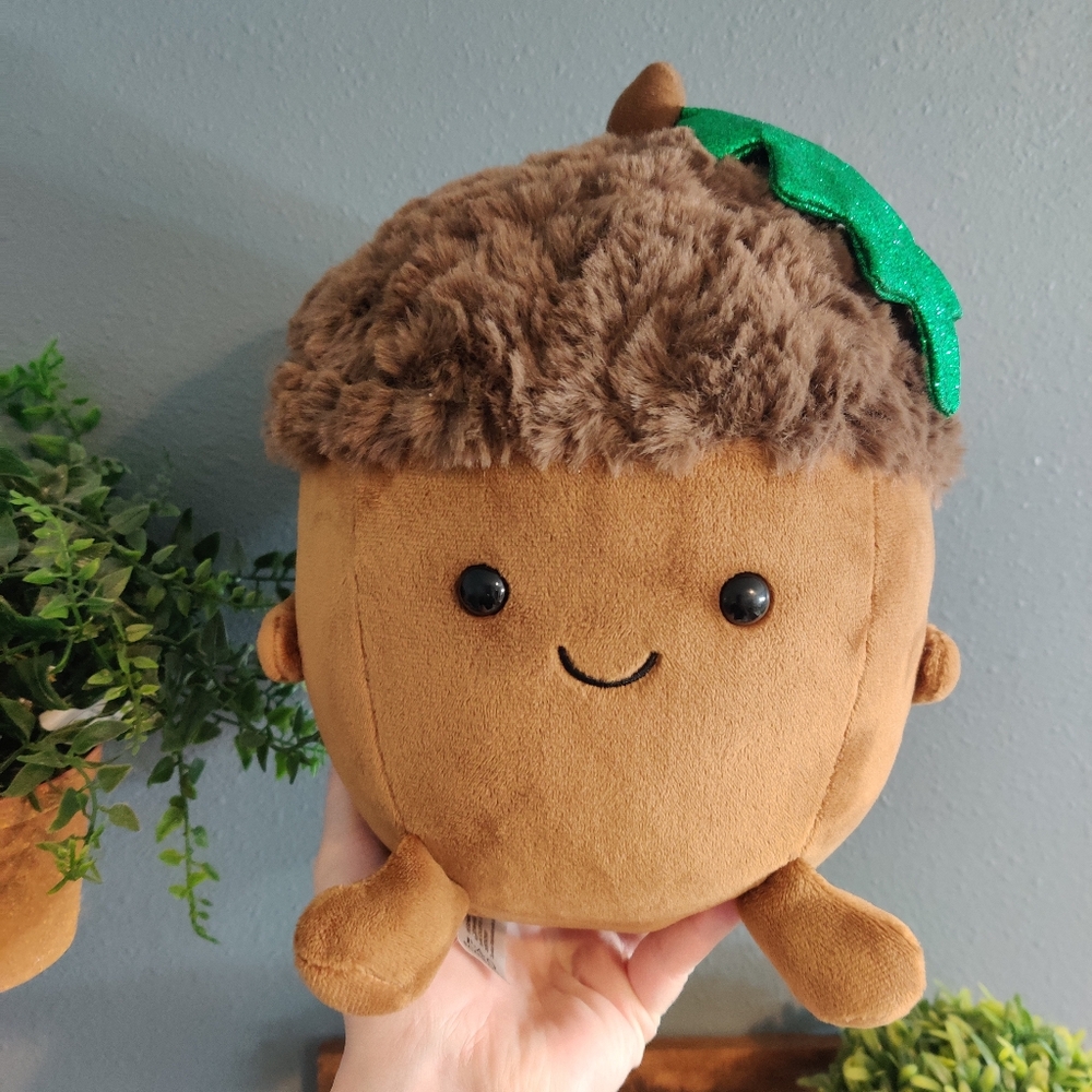 Cute Acorn Plush Toy Fao Scwarz Stuffed Kids Toy Sparkly Green Leaf Smiley Face - Picture 3 of 6